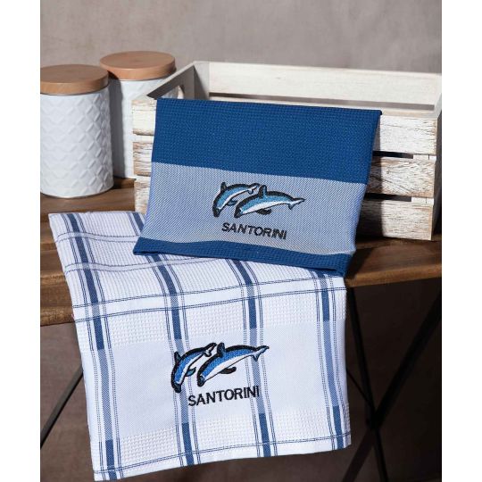 Σετ 2 τεμαχίων ποτηρόπανα (50cm x 70cm) μπλέ δελφίνι SANTORINI