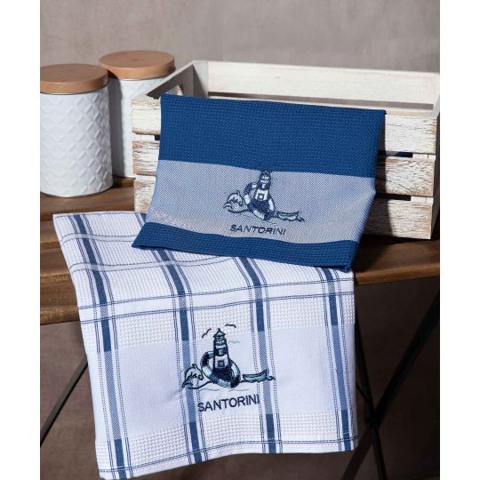 Σετ 2 τεμαχίων ποτηρόπανα (50cm x 70cm) μπλέ φάρος SANTORINI