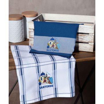 Σετ 2 τεμαχίων ποτηρόπανα (50cm x 70cm) μπλέ εκκλησία SANTORINI