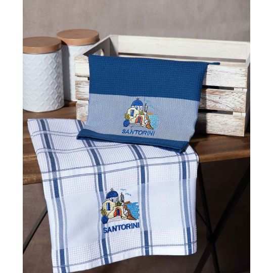 Σετ 2 τεμαχίων ποτηρόπανα (50cm x 70cm) μπλέ εκκλησία SANTORINI