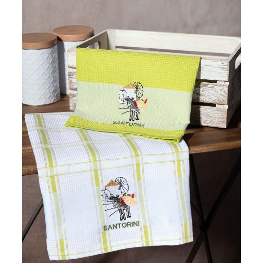Σετ 2 τεμαχίων ποτηρόπανα (50cm x 70cm) ανεμόμυλος πράσινο SANTORINI